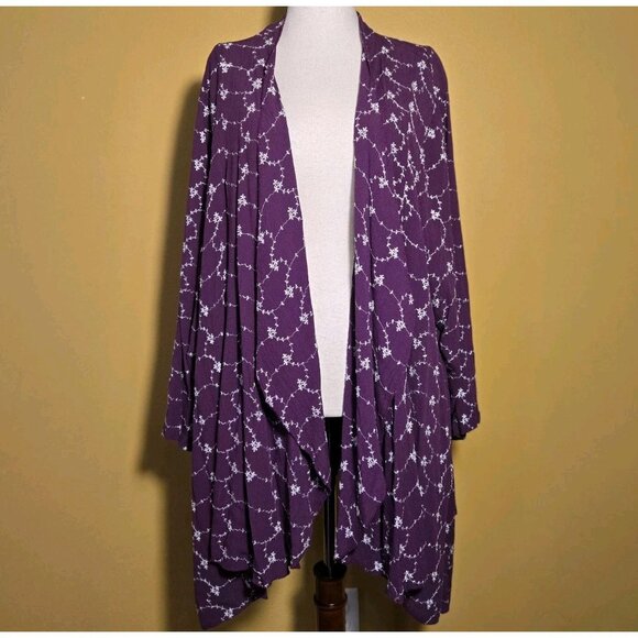 Roaman's Women Purple Long Cardigan Duster Purple Floral Rayon 34W 5-3687-0 Flow - Picture 1 of 9